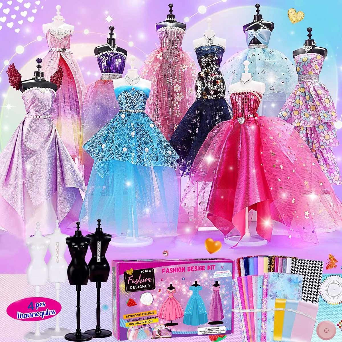 modedesign knutselset500stuks- doe-het-zelf kunst en knutselset-kleding-naaiset-kinderen-educatief speelgoed-creativiteit-verjaardagscadeaus voor 6-12 jaar-met 4 mannequins