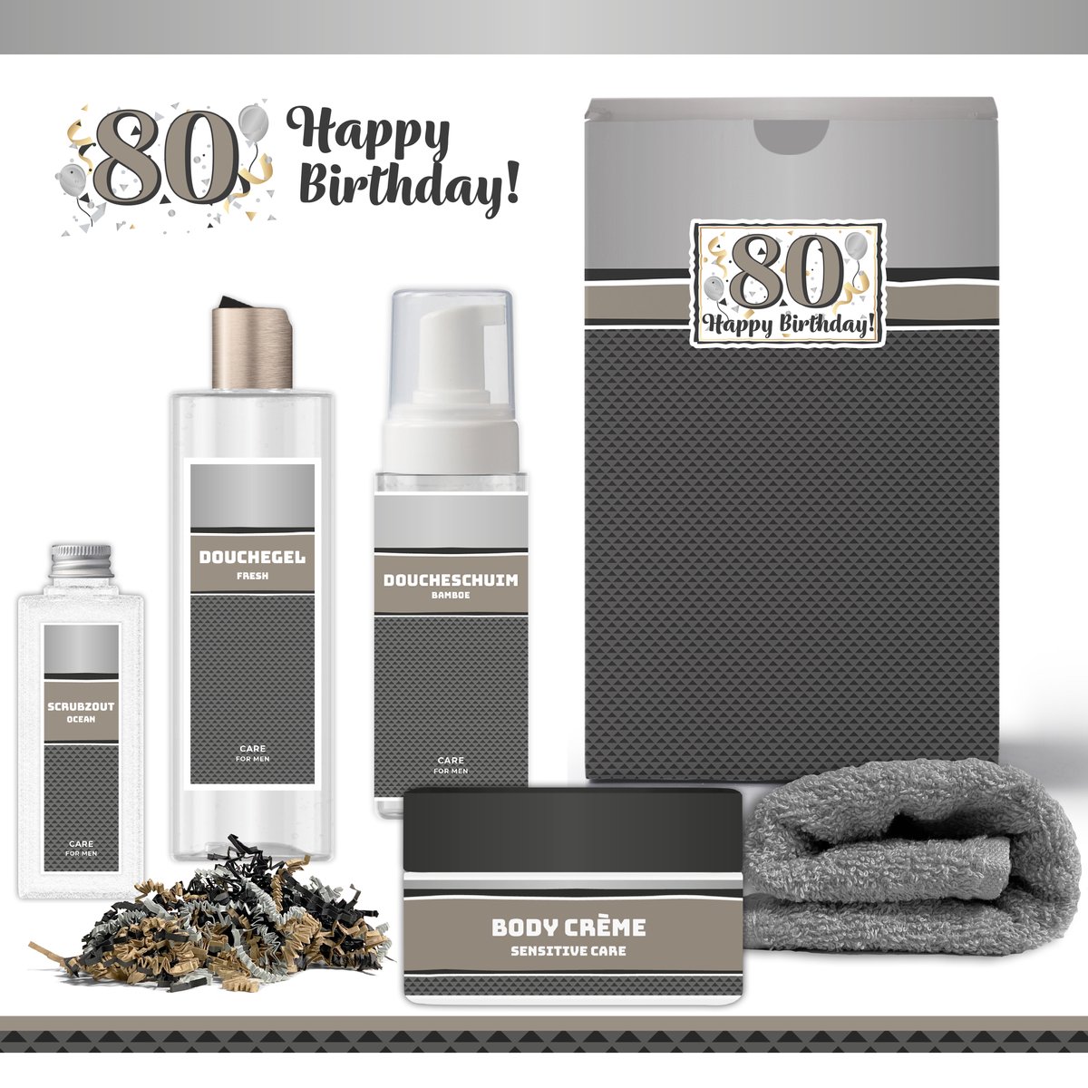 Goedkoopste Geschenkset “80 Jaar Happy Birthday!” - 5 producten - 920 gram | Giftset voor hem - Luxe wellness cadeaubox - Cadeau man - Gefeliciteerd - Set Verjaardag - Geschenk jarige - Cadeaupakket vader - Vriend - Broer - Opa - Verjaardagscadeau - Zilver