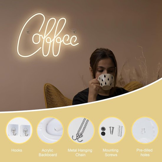 But First Coffee Neon Sign Large 5V USB Powered Acrylic Neon Lights with Dimmable Switch and Hanging Necklace for Coffee Cafe Bar Party Living Room Sign Gifts 14 * 11.3(Orange