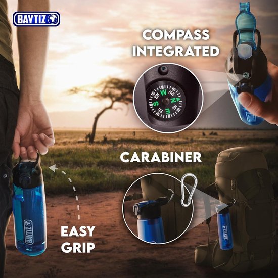 Paille de Survie – Gourde filtrante au charbon actif – Filtre à eau pour camping trekking – Kit purificateur réutilisable avec boussole et sac de pluie