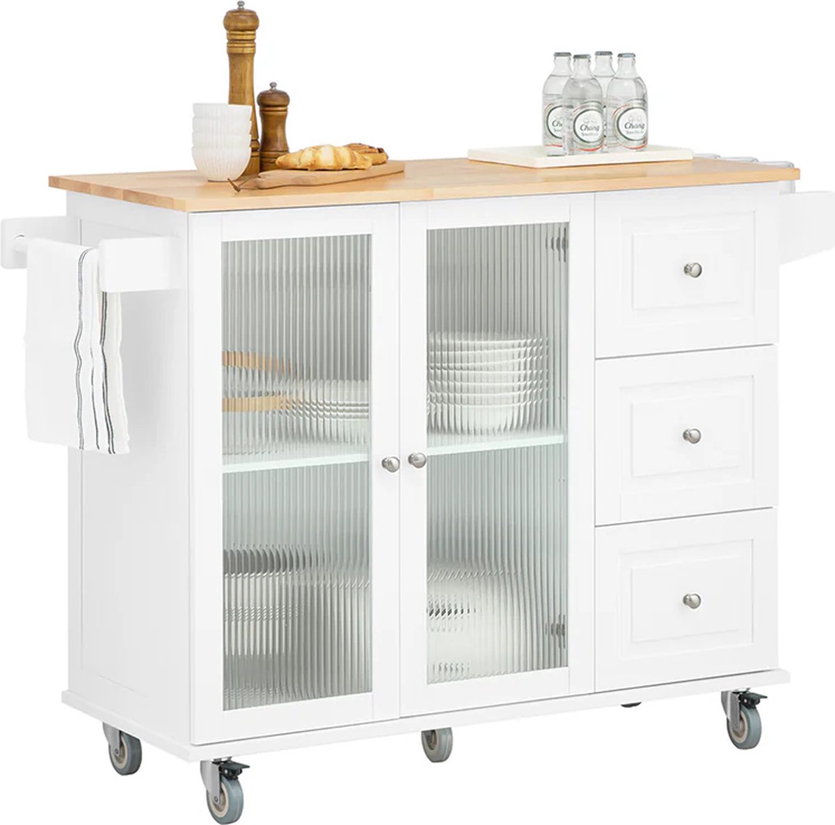 Keukeneiland - Verplaatsbaar - Keukenkast - Dressoir - Organizer - Kasten - Houten Werkblad - Lade - Wit