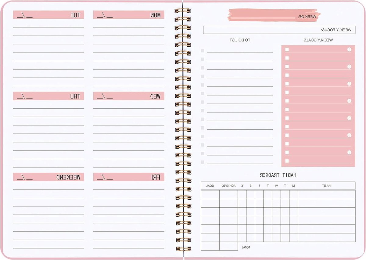 Weekplanner Ongedateerde wekelijkse planner - Wekelijkse doelen notitieboek - A5 to-do lijst planner - Gewoonte tracker - Spiraalbinding - Tracker en doelplanner - 145 x 203 cm