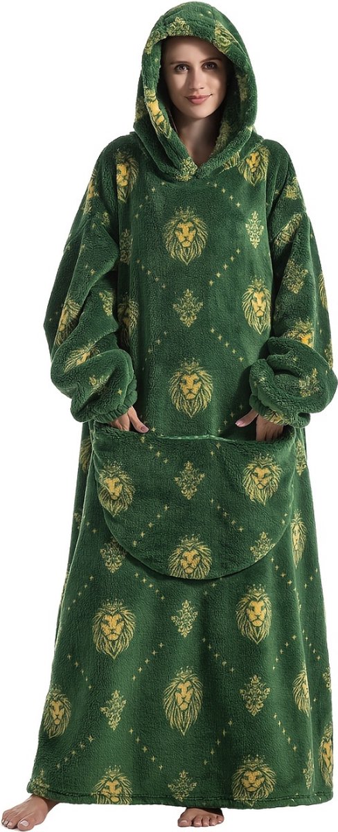 Bovista Hoodie Deken Met Mouwen - Onesie - Fleece Blanket - Dames - Heren - Kinderen - Plaid - Knuffeldeken - Extra Zacht & Warm - Groene Leeuw