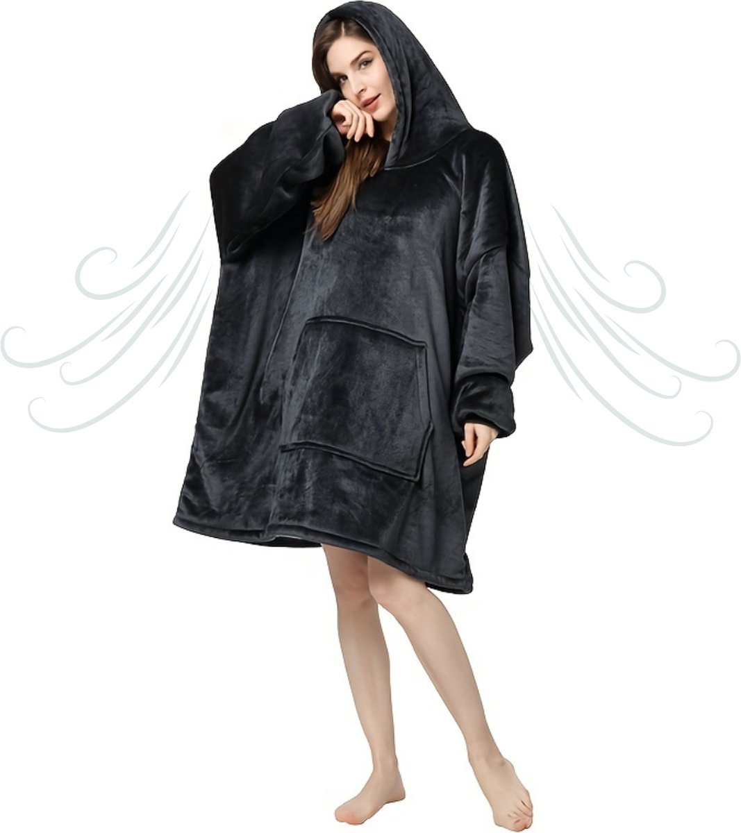 Bovista Hoodie Deken Met Mouwen - Knuffeldeken - Fleece Blanket - Dames - Heren - Kinderen - Plaid - Onesie - Extra Zacht & Warm - Zwart