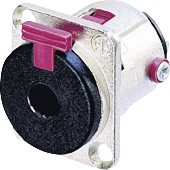Zilveren Neutrik stereo jackplug met rode clip en zwarte ring.