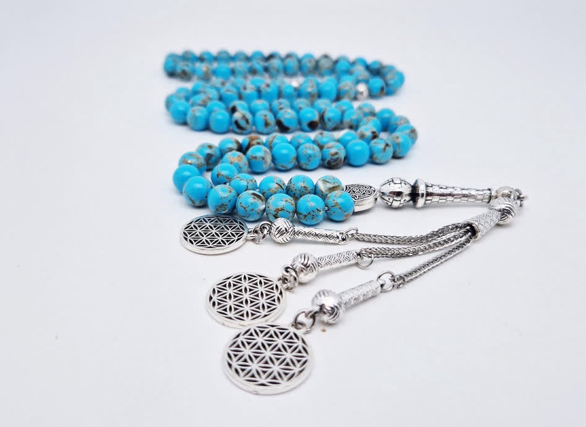 Handgemaakte tesbih natuursteen "Turkoois bakeliet" - Aantal kralen 99 - Diameter kralen 8MM - met metaal tassel "Harmonie" - Een mooi cadeau-idee