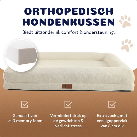 Canapé orthopédique pour chien de couleur crème avec texte "ORTHOPEDISCH HONDENKUSSEN". Fabriqué en mousse à mémoire de forme 25D.
