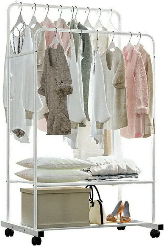 Roroa Portant à vêtements - Portant à vêtements sur roulettes - Portant à vêtements en métal - Portant à Vêtements - Double Rail - Wit