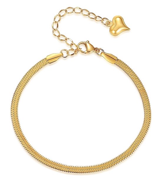 Bracelet serpent doré avec une chaîne réglable et un pendentif en forme de cœur.