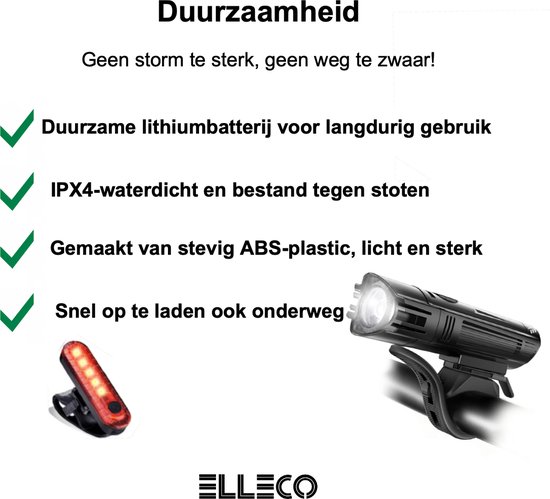 Elleco fietsverlichting set - fietslampjes oplaadbaar waterdicht - zwart — afbeelding 3