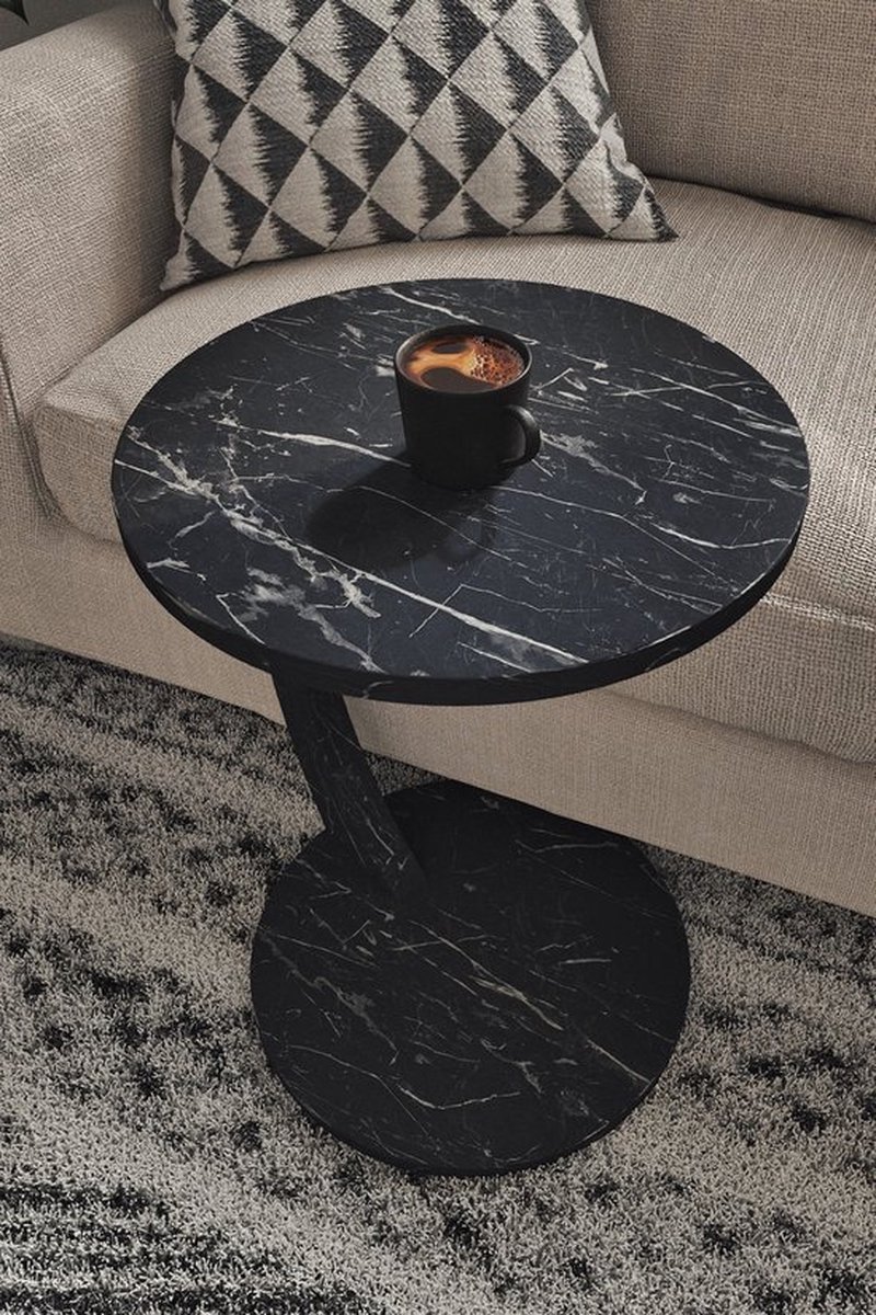 Bijzettafel, Salontafel, Wiel C Tafel, Banktafel, Nesttafel, Servicetafel, Mdf Zwart en Marmer
