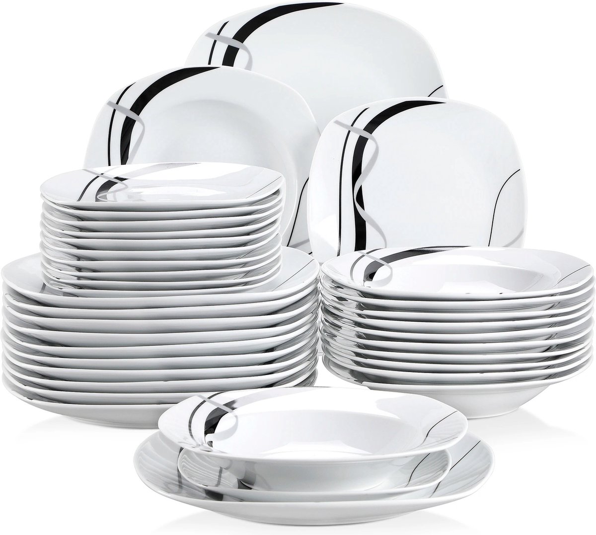 Serviesset - 12 Persoons Servies - Porselein - Diner-, Soep- en Dessertborden - 36-delige Set - Wit - Zwart - Zilver