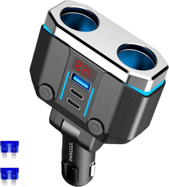 120W Autolader – Sigarettenaansteker Splitter – 1x USB 2x USB-C 12/24 V – Oplader Auto Snellader – LED met spanningsmeter