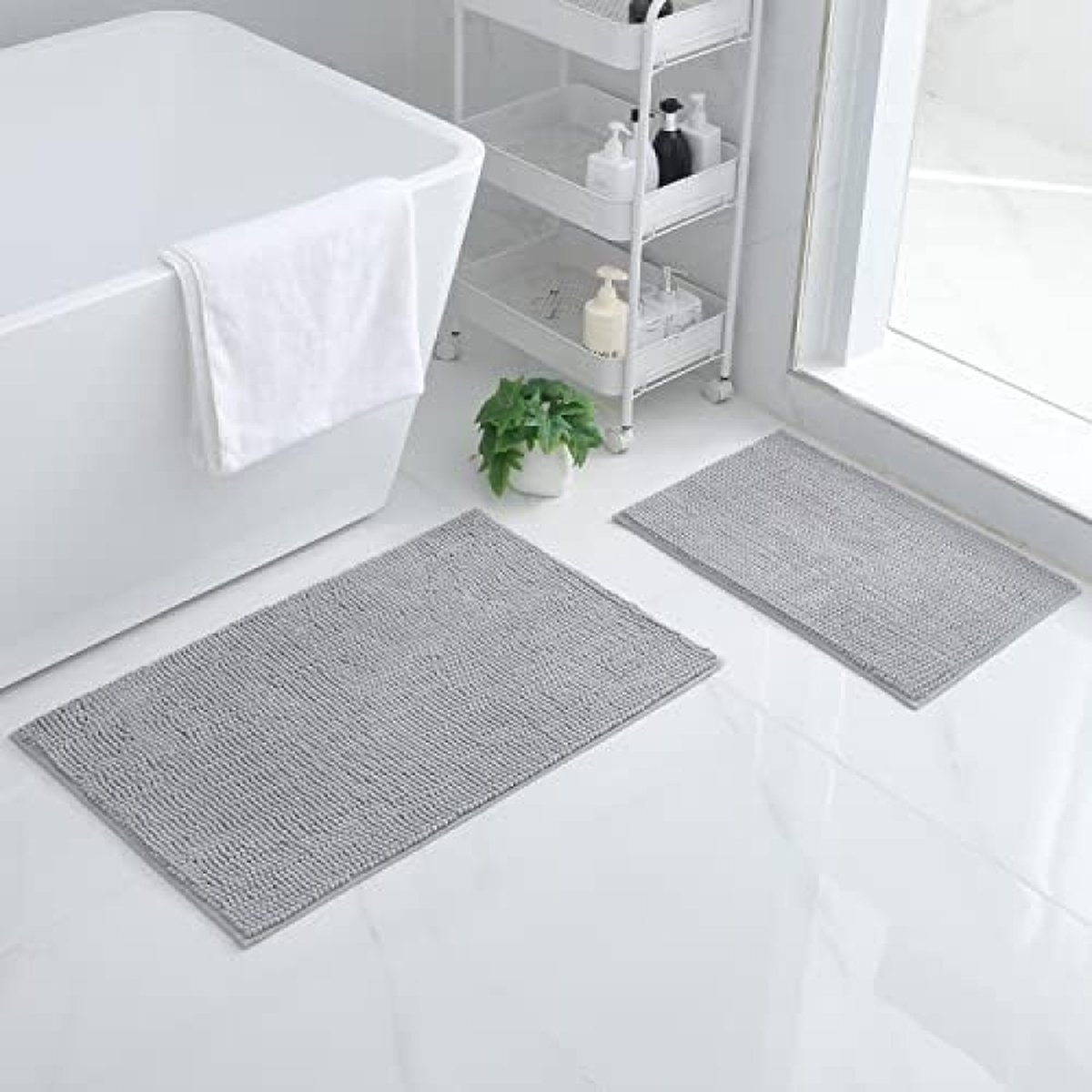 Zachte en Absorberende Chenille Badmat Set, Antislip, Wasbaar, Lichtgrijs - 40 x 60 cm + 50 x 80 cm (Set van 2)