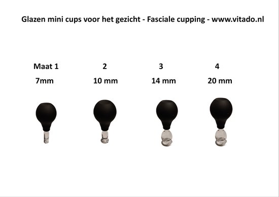 Vier zwarte gezichtscups van verschillende groottes: 7mm, 10mm, 14mm, 20mm.