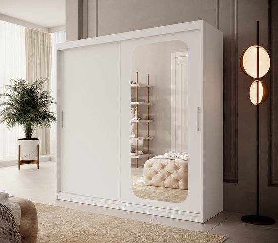 Meubella - Armoire Pete - Wit - 200 cm - Avec miroir