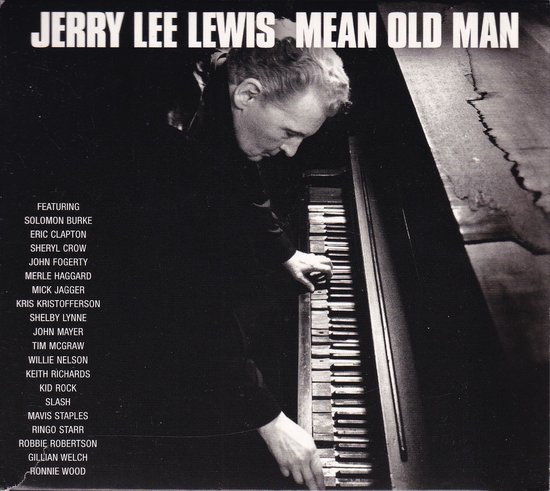 Jerry Lee Lewis speelt op een piano, met de tekst "JERRY LEE LEWIS MEAN OLD MAN".