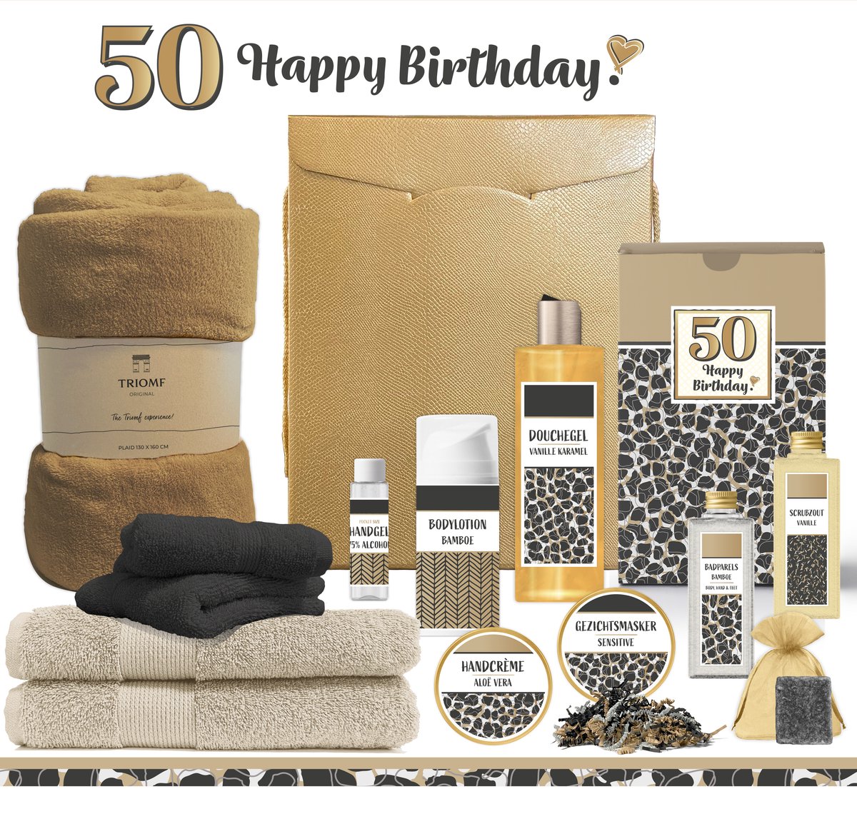 Goedkoopste Geschenkset “50 Jaar Happy Birthday!” - 13 producten - 1910 gram | Giftset voor haar - Luxe wellness cadeaubox - Cadeau Vrouw Vijftig jaar - Gefeliciteerd - Gift Set Verjaardag - Geschenk Pakket - Cadeaupakket - Verjaardagscadeau - Panter Zwart Goud