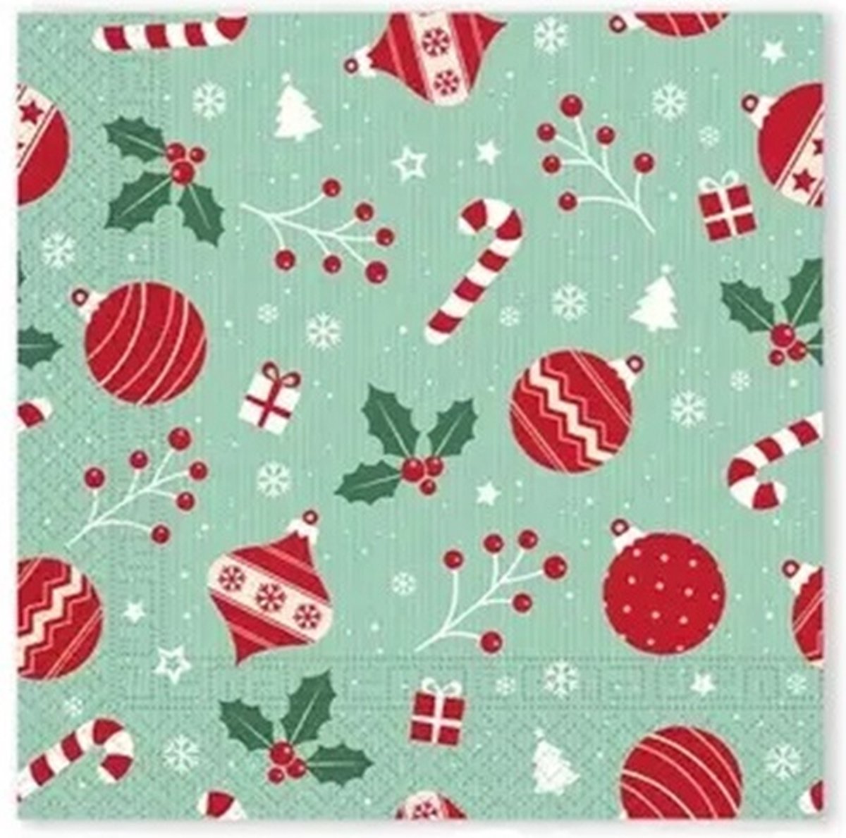 40 Kerstmis Kerst Servetten - Kerstbal - Candy Cane - Zuurstok - Hulst - Sneeuwvlok - Cadeautje - Kerstboom - Besje - Licht Groen - Wit - Rood - Groen - 33 x 33 cm - 3-Laags - Decorata