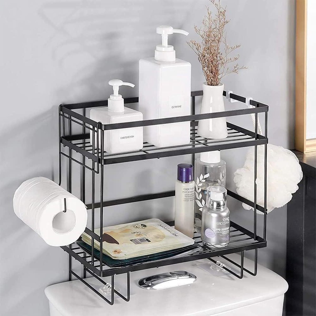 2 Tier opbergrek badkamer boven toilet - organizer met rolpapier ophanghaken - kleefbasis - vrije perforatie - zwart plank Opbergrek