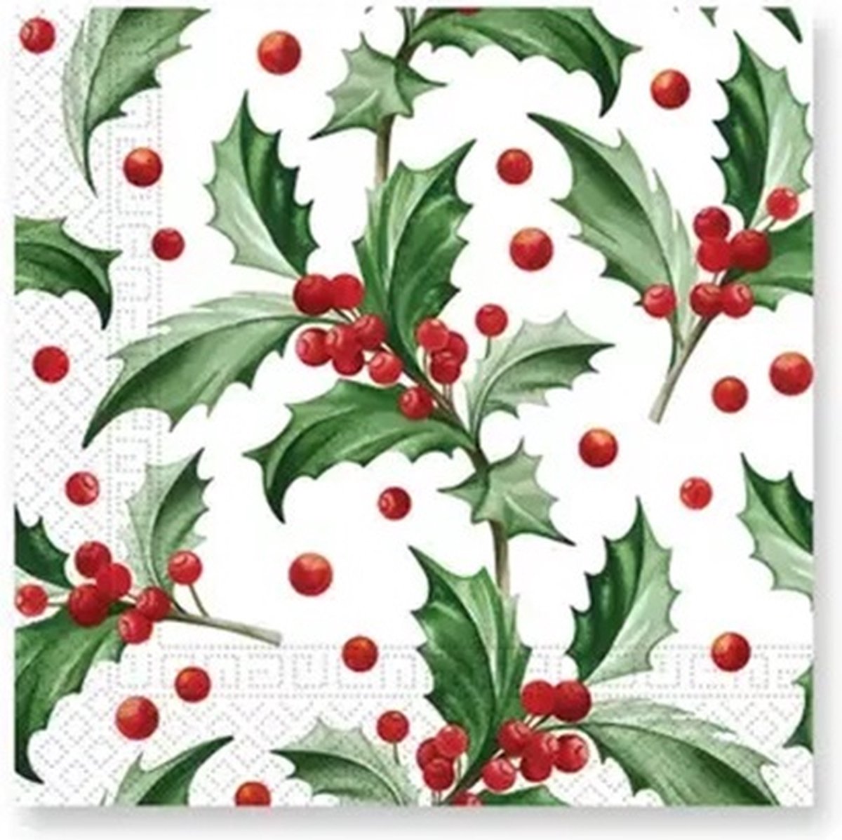 40 Kerstmis Kerst Servetten - Hulst met besjes - Wit - Rood - Groen - 33 x 33 cm - 3-Laags - Decorata