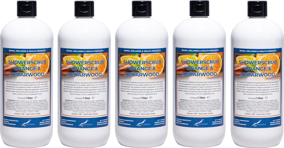 Goedkoopste Showerscrub Sweet Orange & Cedarwood 1 liter - set van 5 stuks - verfrissende scrubgel - exfoliërende bodyscrub