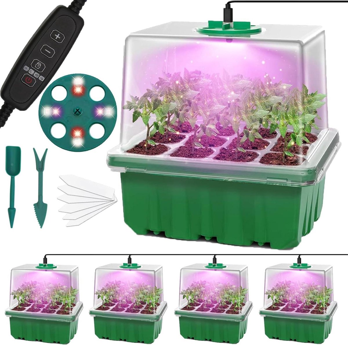 Zaad- en kweekbakken met groeilicht 5-pack 60 cellen zaailingen starter instelbare helderheid vochtigheid 2 meter timing controller kweekplant Kweekbak