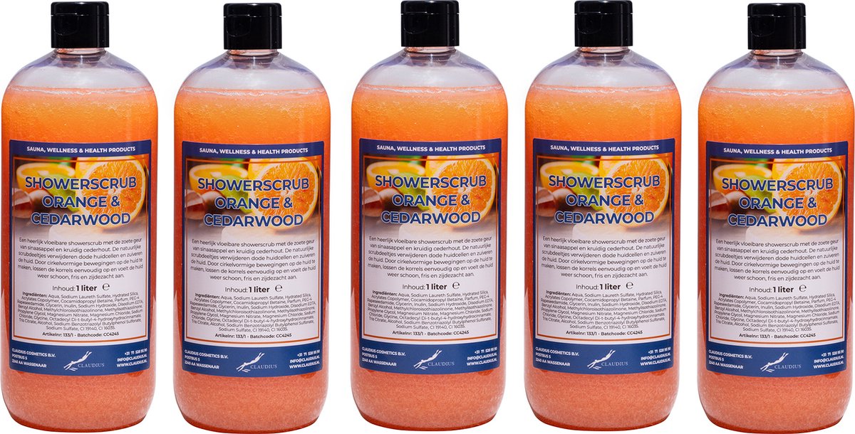 Goedkoopste Showerscrub Sweet Orange & Cedarwood 1 liter - set van 5 stuks - verfrissende scrubgel - exfoliërende bodyscrub