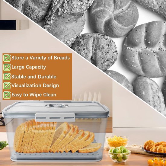Luchtdichte broodbakken, tijdregistratie broodopbergbakken, zichtbare brooddoos met deksel, stapelbare broodopslagcontainers voor zelfgemaakt brood, broodje, bagel, brood 12,8 x 6,9 x 6 cm, wit