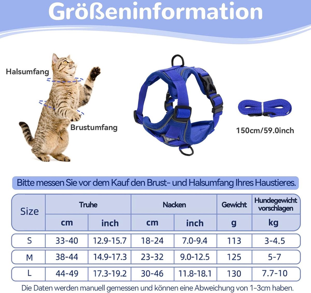 Verstelbaar Kattenharnas Met Anti-ontsnapping – Zachte Mesh Borstriem Met Riem – Maat M (borst 34-40 Cm) – Diepblauw – 360° Reflecterend, Ademend En Veilig Voor Kat En Kleine Hond