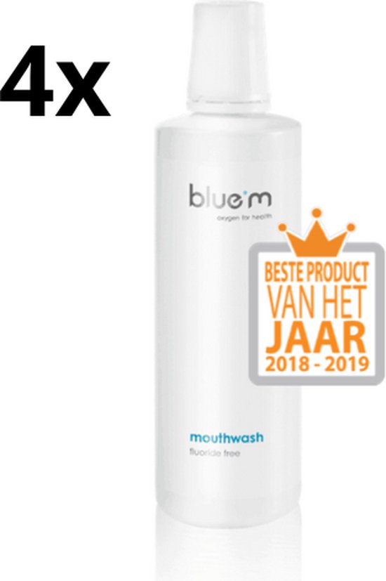 4x Bluem mondwater, wit met oranje en grijze "Beste Product Van Het Jaar 2018-2019" sticker.