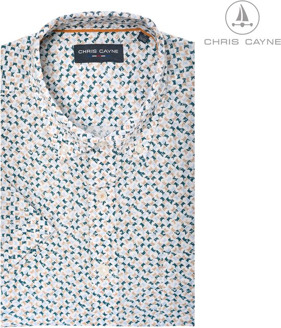 Chris Cayne overhemd met geometrische print in beige, groen en blauw, korte mouw, button down kraag.