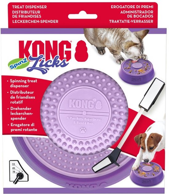 Verpakking van KONG Spinz, met een kat en hond die uit de paarse voerdispenser likken.