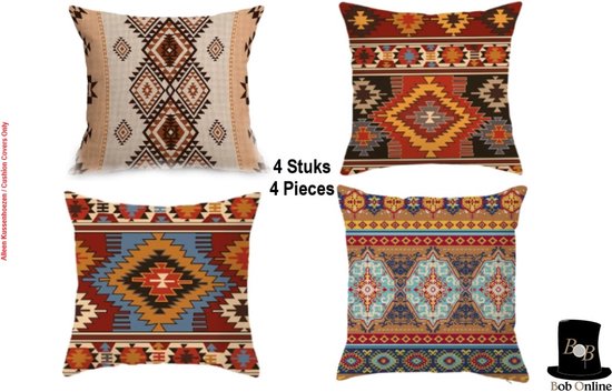Bob Online™ - 4 Stuks – Boho Kussenhoezen– 45 cm x 45 cm – 100 % Polyester – Kussenhoezen – Sierkussenhoezen – 4 Pieces - Bohemian Cushion Covers