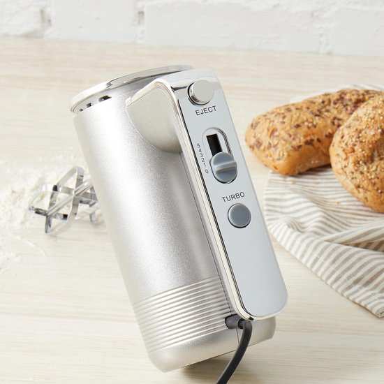 Handmixer met opbergbasis - 5 snelheden - Deeghaken - Kloppers - Turbofunctie - Uitwerpfunctie - Garde - Kneden - 300W - Zilver — afbeelding 2