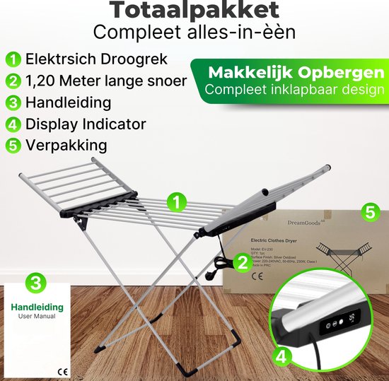 DreamGoods Elektrisch Droogrek - Instelbare Verwarming & Timer - Verwarmd Wasrek Inklapbaar - Duurzaam Drogen - Verwarmd Droogrek - Elektrisch Wasrek - Wasrek Inklapbaar - Droogrek met Verwarming Energiezuinig