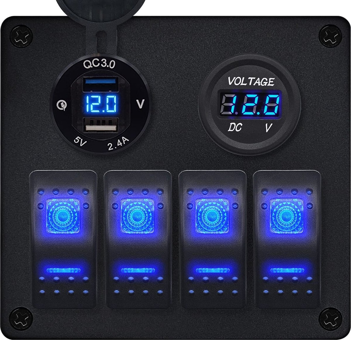 ProRide Schakelpaneel 12V voor Auto/Boot - USB Lader 2 Poorten met Voltmeter - 5V/2.4A - DS2114B - 4 Schakelaars
