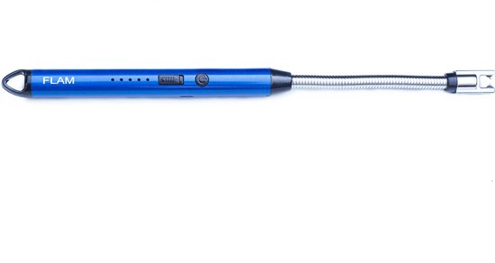 Blauwe elektrische aansteker met flexibele hals, "FLAM" logo en batterij indicator.
