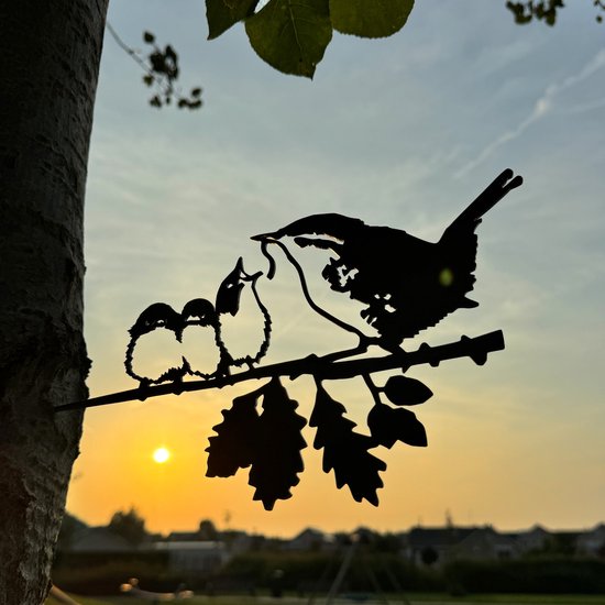 Weterings Ingénierie® - Décoration de jardin - Jardin - Décoration de Jardin pour l'extérieur - Acier Corten - Metalbird - Troglodyte avec jeunes - 29x16cm