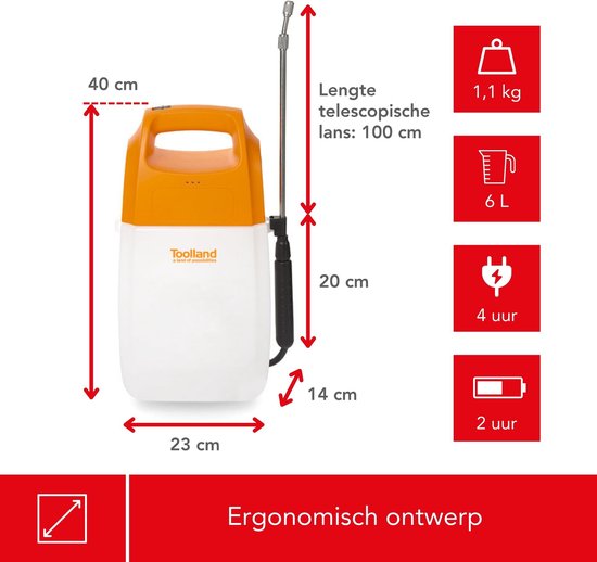 Toolland Drukspuit, elektrisch, herlaadbare batterij, telescopische lans, regelbare sproeikop, schouderriem, 6 liter, wit/oranje/zwart van Merkloos	 — afbeelding 5
