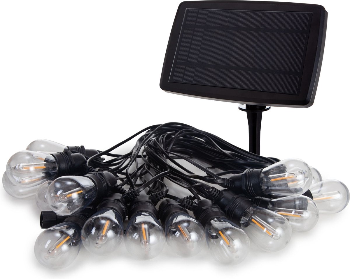 Vellight Solar LED, lichtslinger, 15 m, 15 ledlampen, warmwit, zwarte kabel, voor binnen en buiten, modulator, zonne-energie