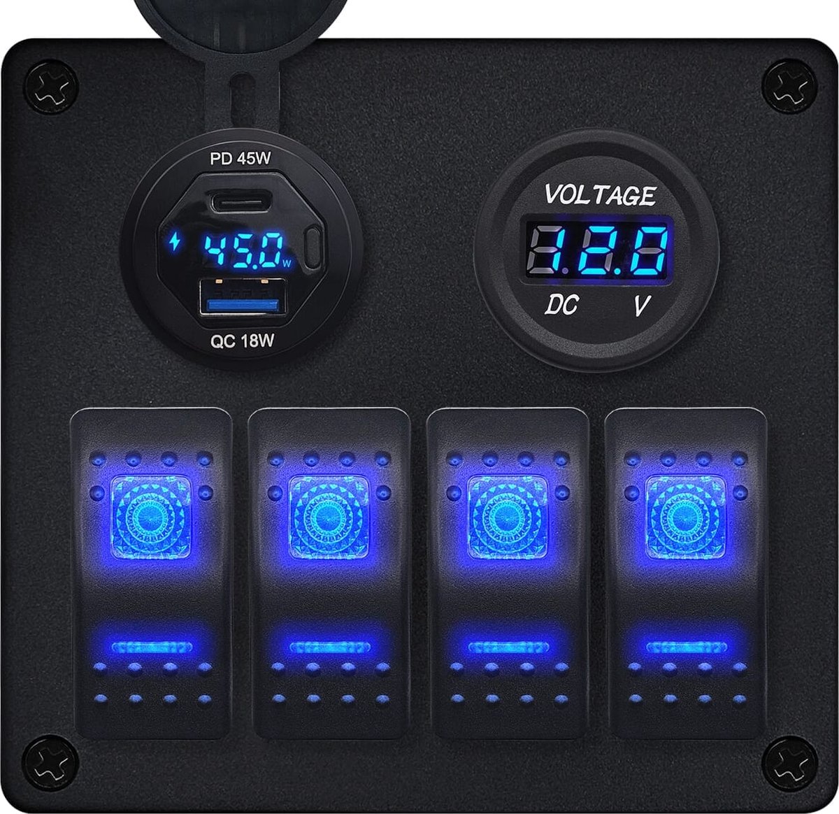 ProRide Schakelpaneel 12V voor Auto/Boot - USB/USB C Lader 2 Poorten met Wattagemeter - 45W - QC3.0 - 4 Schakelaars