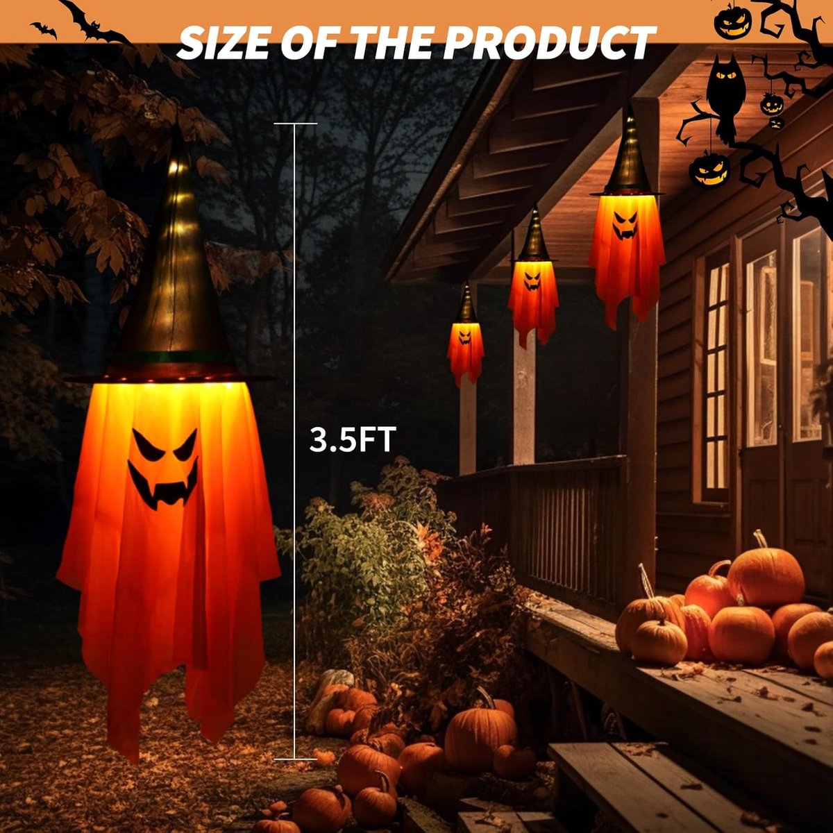 2 Fantômes Lumineux Halloween 65 Pouces (165 Cm) - Avec Chapeau De Sorcière Et Guirlande LED - Pour Extérieur, Jardin, Porche