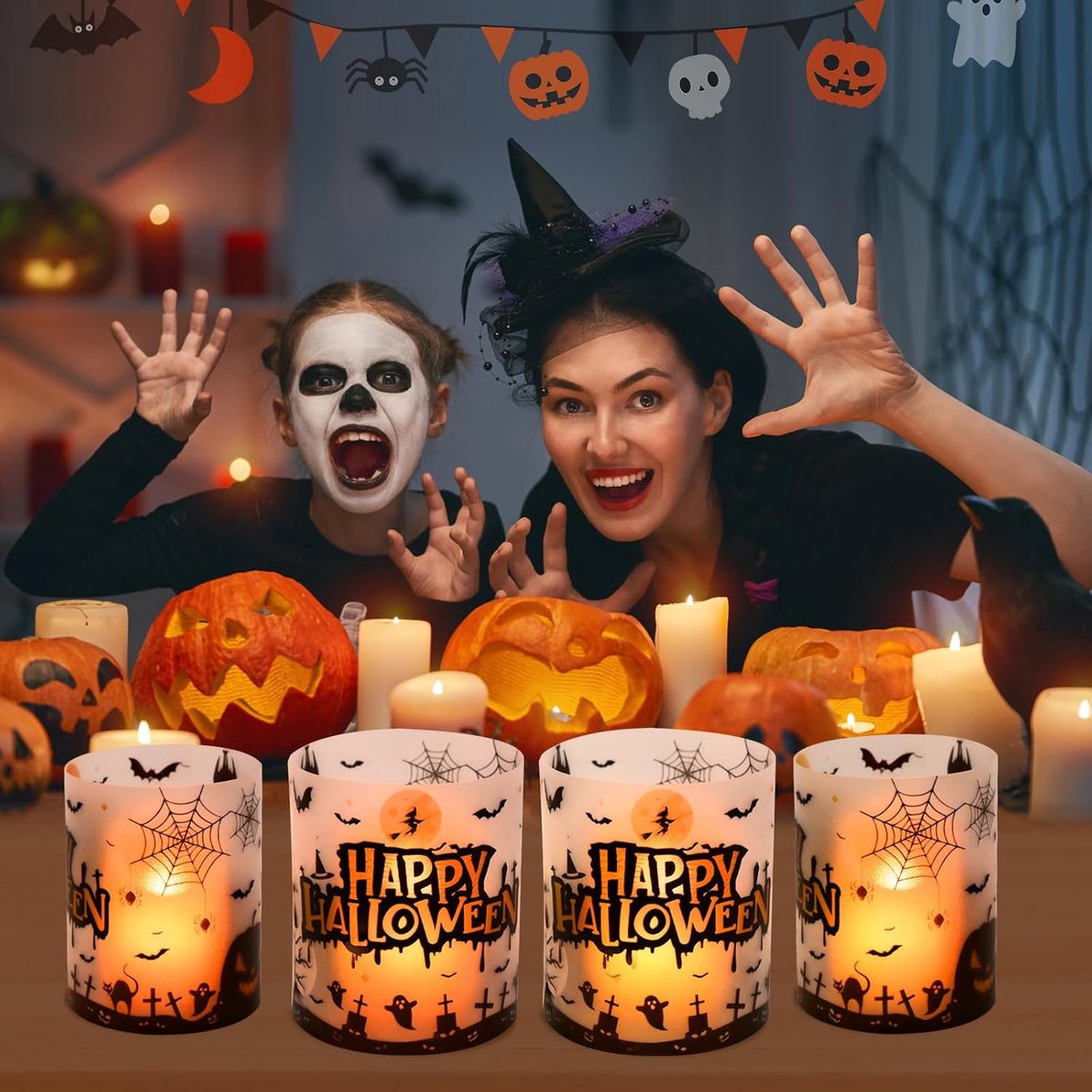 Lot De 4 Lanternes Papier Halloween - Citrouille, Fantôme, Chauve-souris, Araignée - Avec Bougies LED Incluses