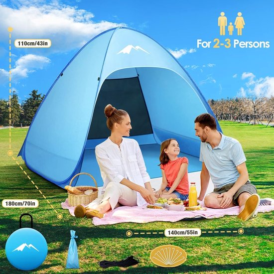 Tent Strand 2 seconden maat S (voor 1-3 personen) en L (voor 2-4 personen) - dubbele ritssluiting - uv-bescherming - draagbaar - extra licht - tuin barbecue wandelen van Merkloos — afbeelding 2
