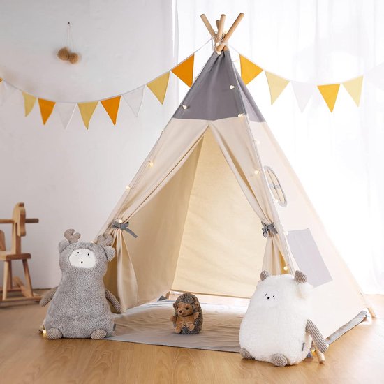Tipi Tente Pour Enfants 100x100x160 Cm - Avec Guirlande LED, étoiles, Tapis Et Peluches - Coton - Sac De Transport Inclus