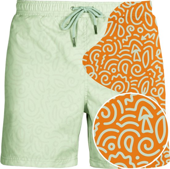 SEA'SONS - Zwembroek Heren - Kleurveranderend - Doodle - Oranje-Mint - Maat M (SEASONS - Kleur veranderend)