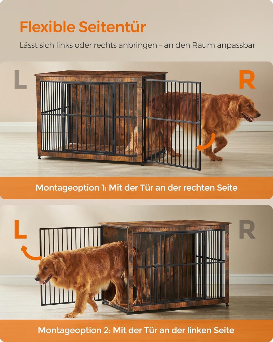 Hzuaneri Hondenbench Meubel – 108 Cm, 3 Deuren, Boogdesign, Vintage Bruin, Ook Te Gebruiken Als Tafel