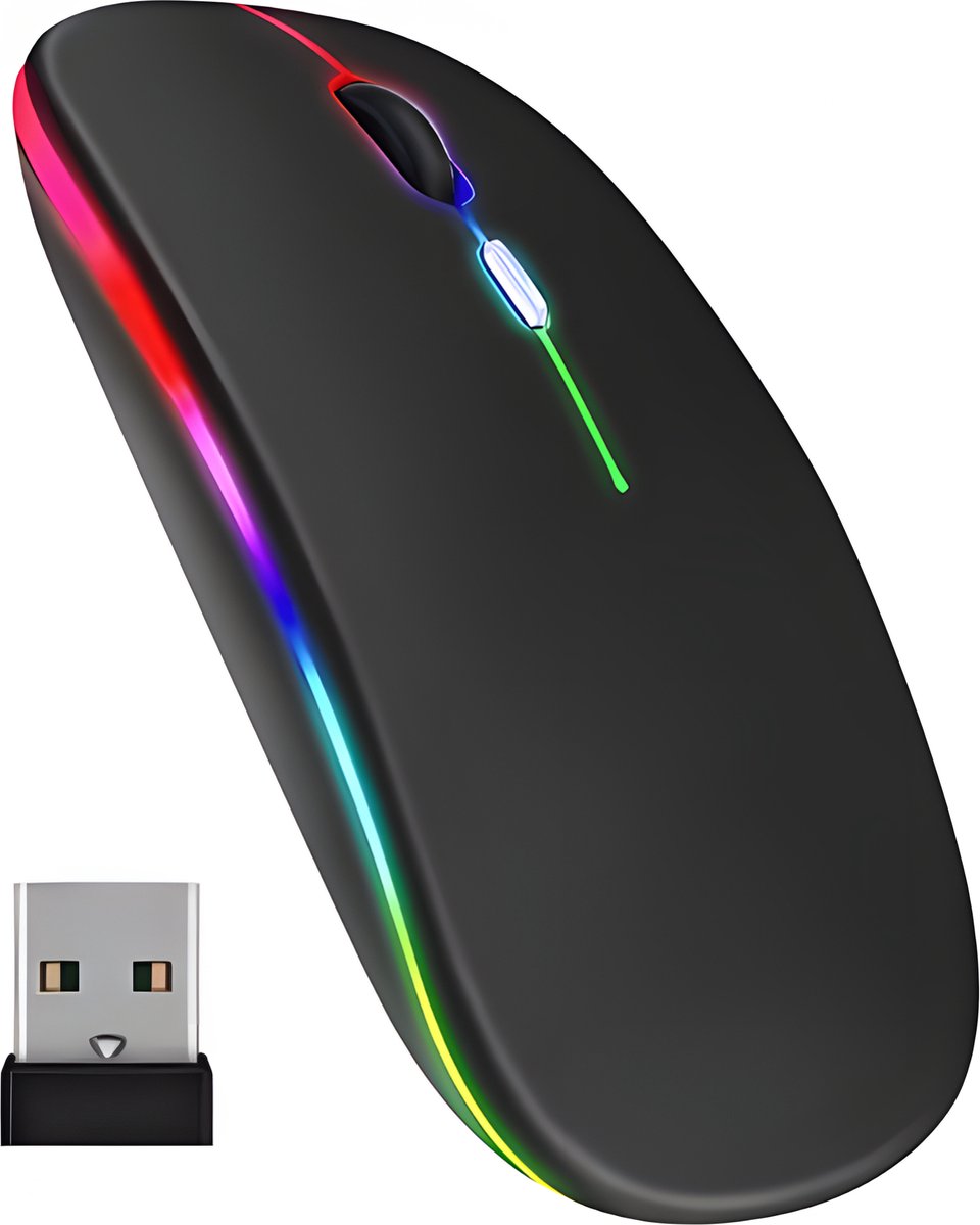 Draadloze Muis - via Bluetooth of 2.4G USB Ontvanger - Ergonomisch Draadloos en Oplaadbaar - Zwart met RGB LED Verlichting - Stille Klikken - Vier Knoppen - Compatibel met Alle Laptops en PC's - Universeel
