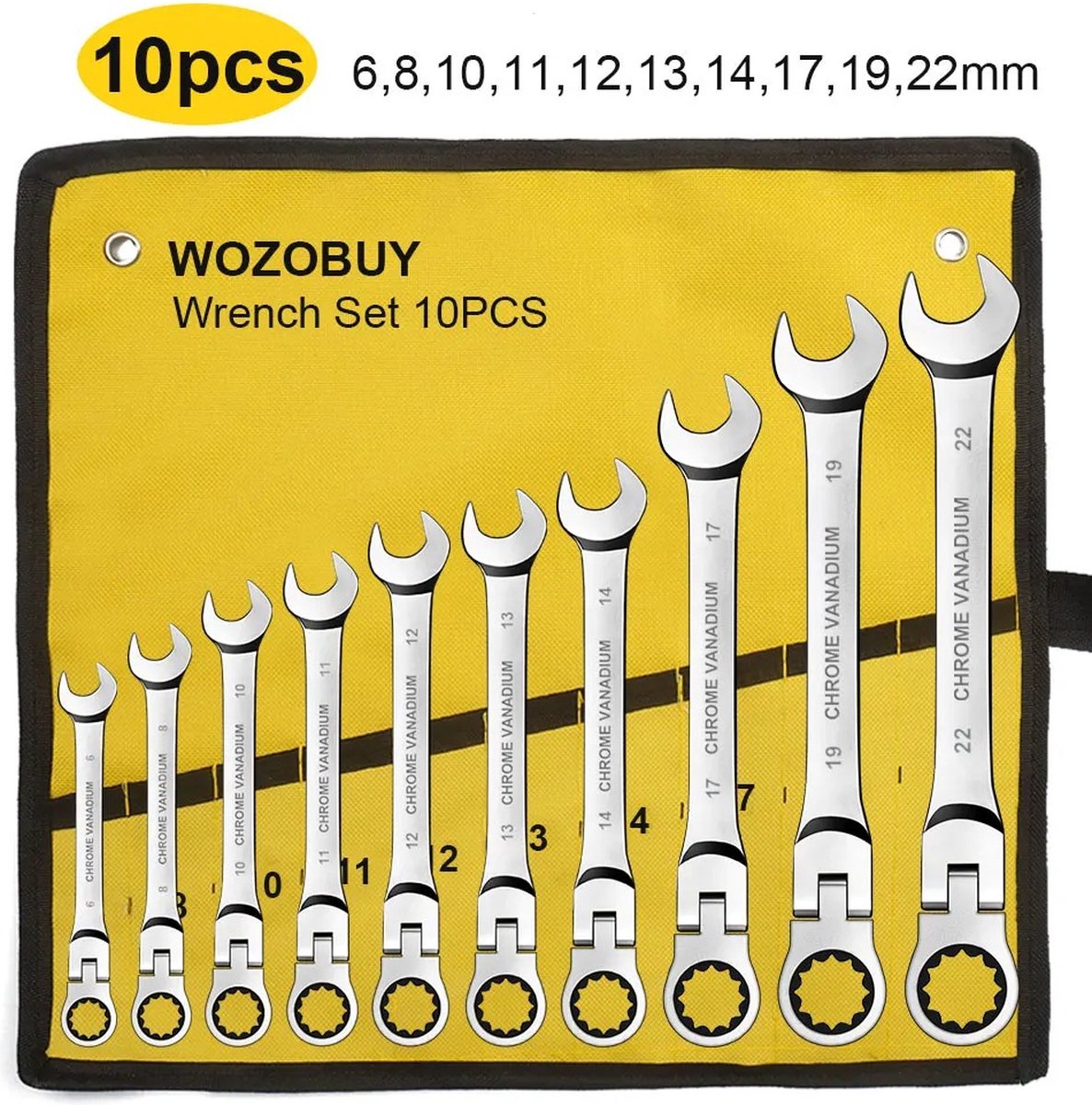T&L Store® Ratelsleutelset - Ratelset - Ringsleutelset - Chroom Vanadium Staal - Flex Kop - 6-8-10-11-12-13-14-17-19-22mm - Bijbehorende Opbergzak
